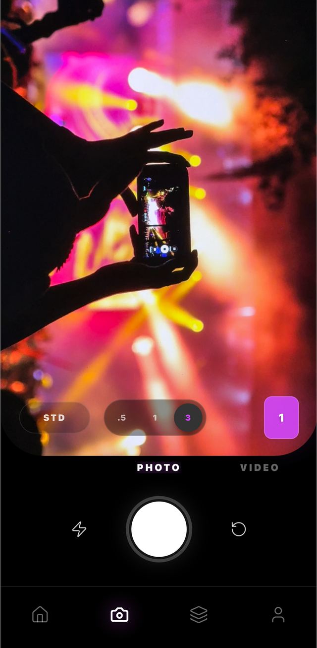 PXI tactile native camera interface capturing live event moments in a shared photo gallery
