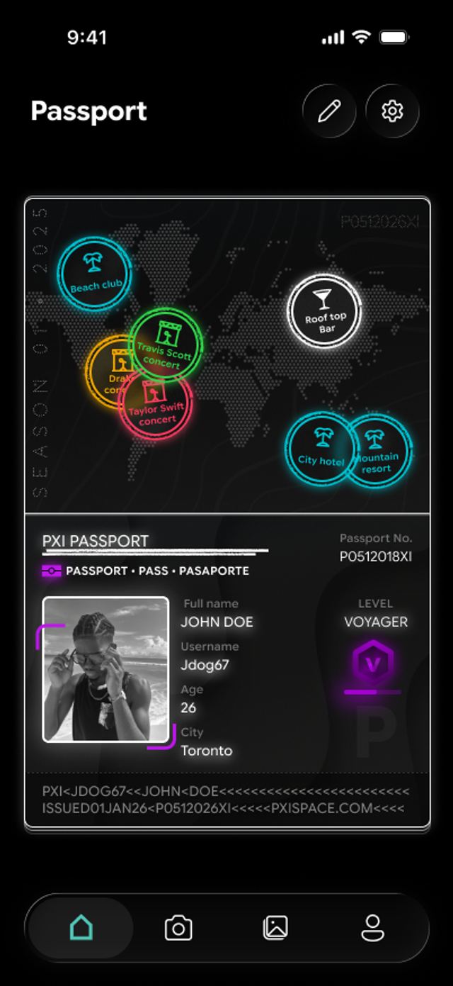 PXI digital event passport displaying stamp tiers and Odyssey score for verified attendance